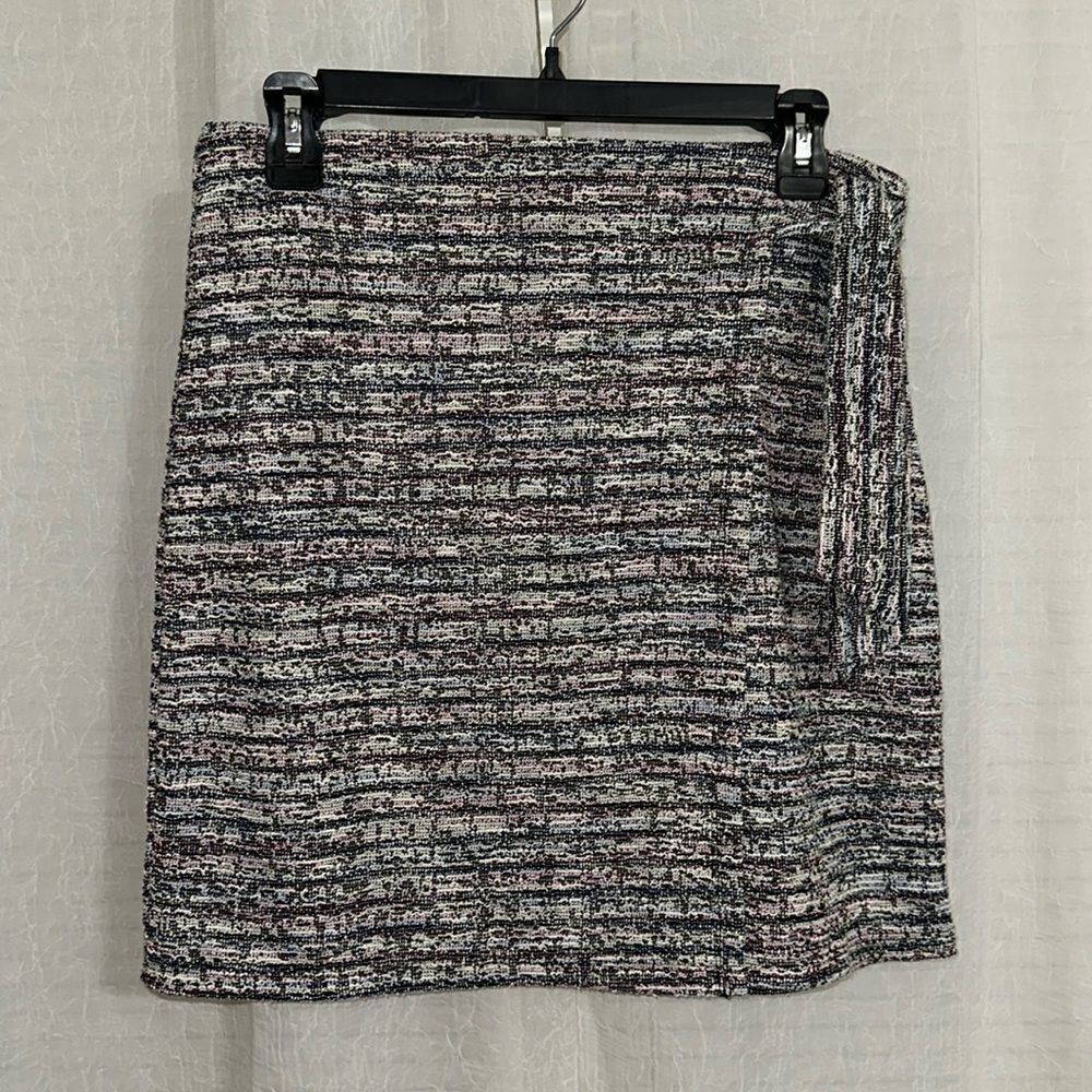 LOFT S Black Multi Knit Tweed Stripe Pull-on Style Faux Wrap Mini Pencil Skirt